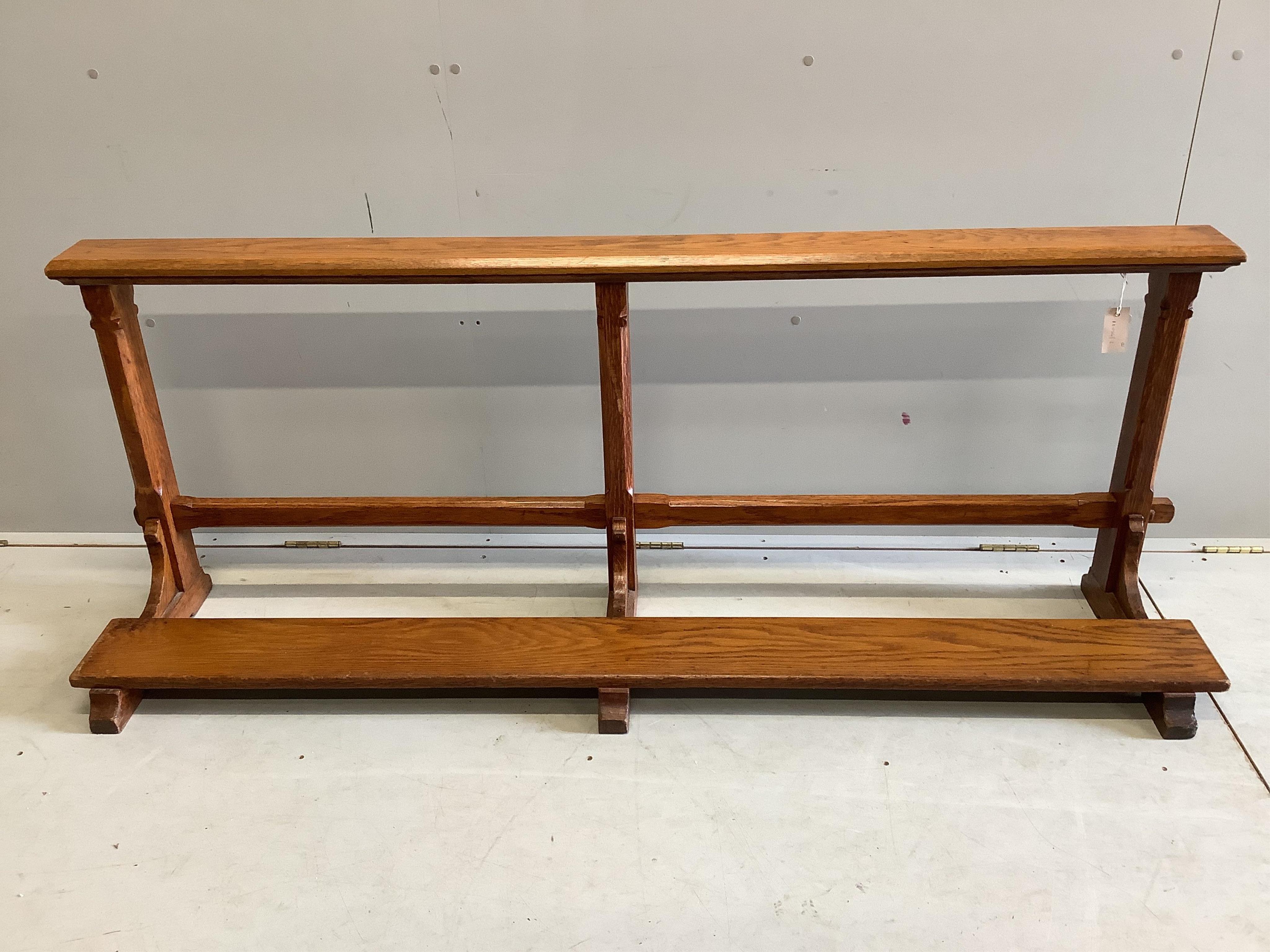 A pair of oak church rails, width 175cm, height 67cm. Condition - fair to good